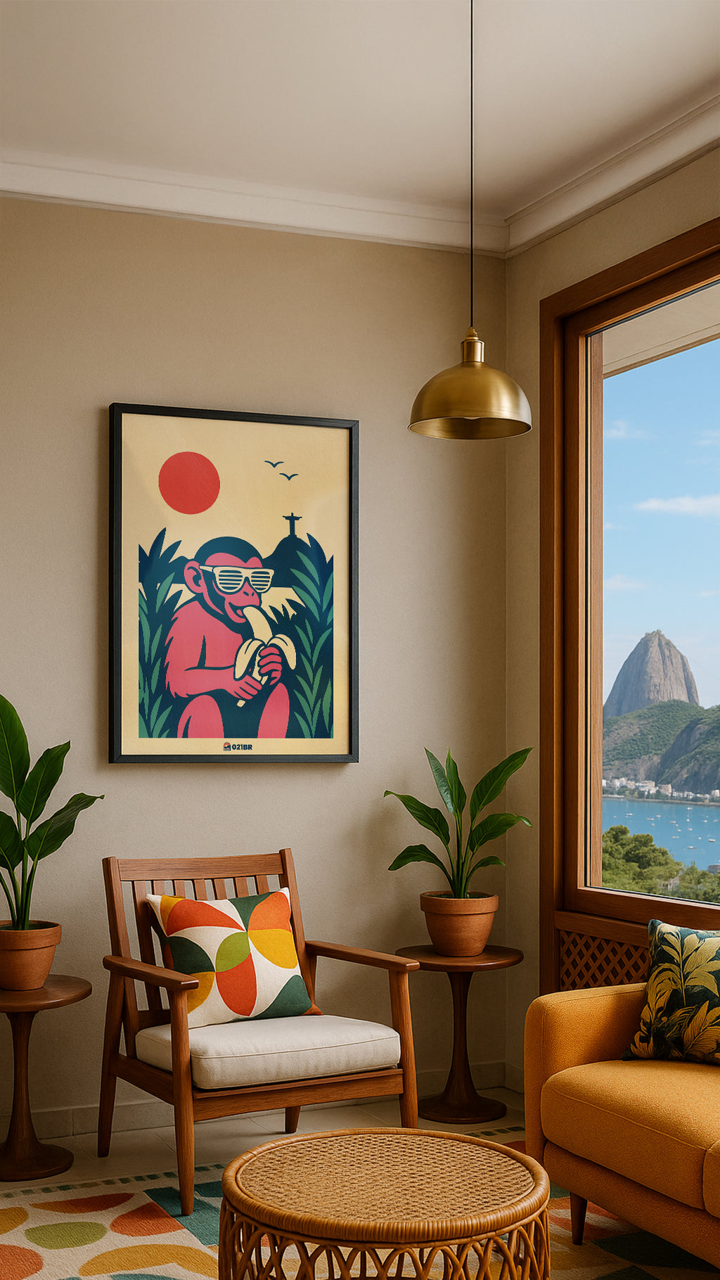 Quadro Decorativo 45x64cm Ilustrado 021BR "Macaco" – Arte Carioca Exclusivo com Moldura e vidro